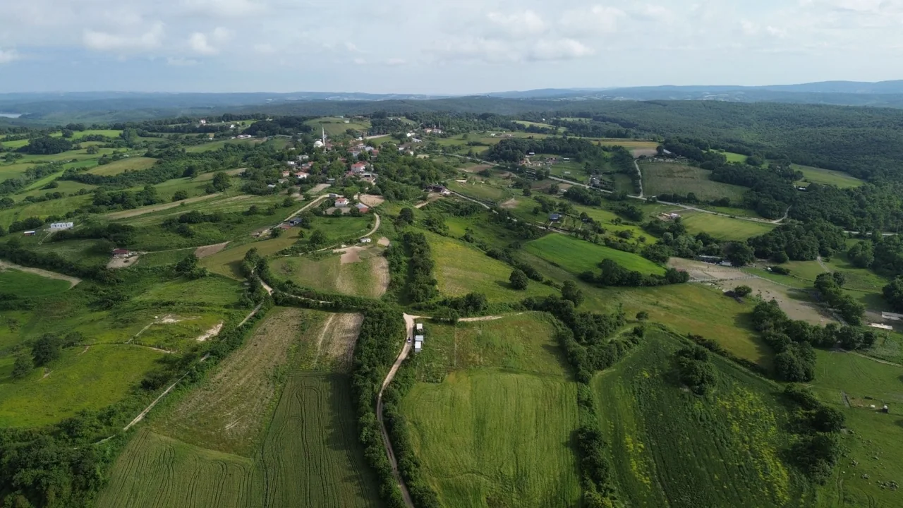 Kırsal yerleşim, tarla ve yolların geniş açılı drone görünümü